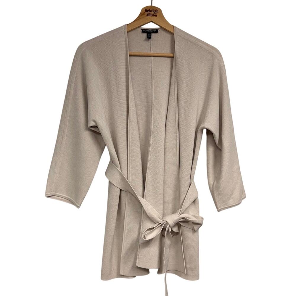 Eileen Fisher 3/4 Sleeve Cardigan Silk & Cotton SZ MP Interlock $348 Bone/Stone